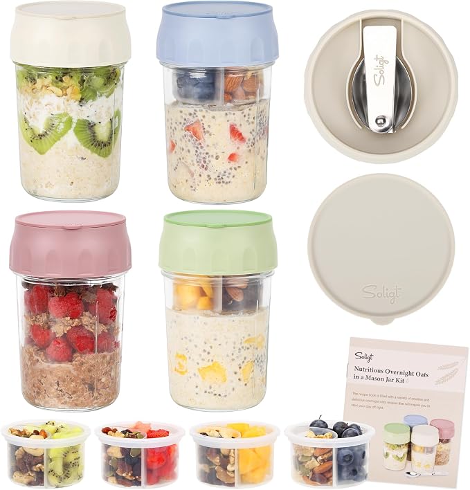SOLIGT 4 Pack Overnight Oats Containers with Lids, Folding Spoons and Divided Compartments for Fruit & Nuts, Small Glass 16oz Mason Jars for Oatmeal (4 Set-Oat White/Green/Rose/Blue) | Folding Spoons and Divided Compartments for Fruit&Nuts, Small Glass...