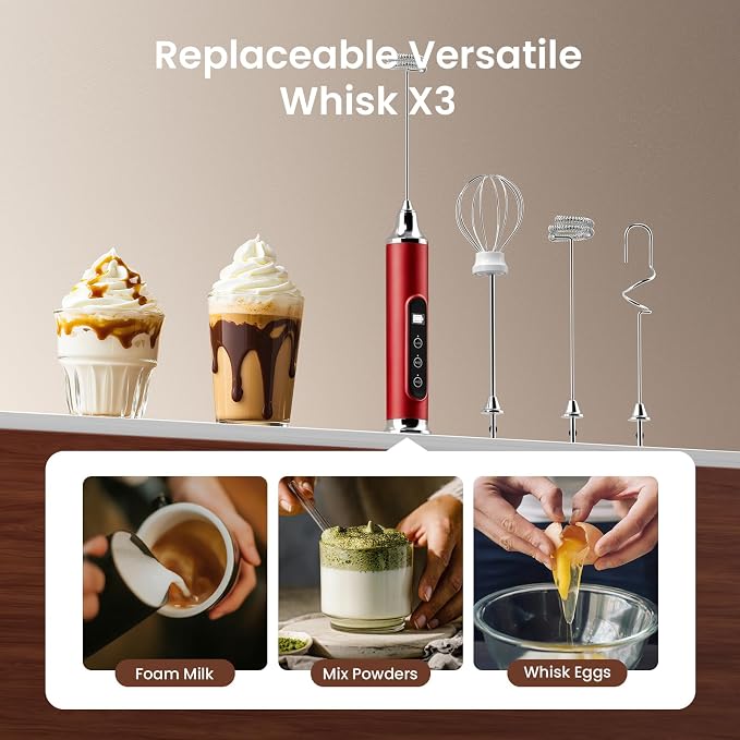 YUSWKO Milk Frother Wand for Coffee, Coffee Frother Handheld Drink Mixer | Rechargeable Mixer Wand, Waterproof Electric Whisk for Protein Powder, Lattes, Cappuccino, 3 Variable Speeds 3 Whisks, Red