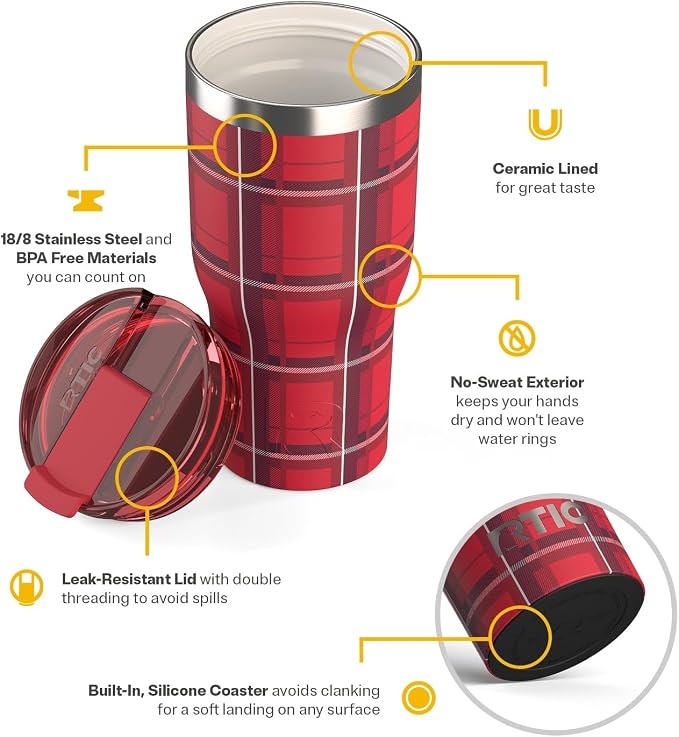 RTIC 30oz Essential Tumbler with Lid, Ceramic Lined, Insulated, Stainless Steel, Metal, Double Wall Vacuum-Insulation, Travel Cup for Iced Coffee, Tea, Hot and Cold Drink, Red Plaid