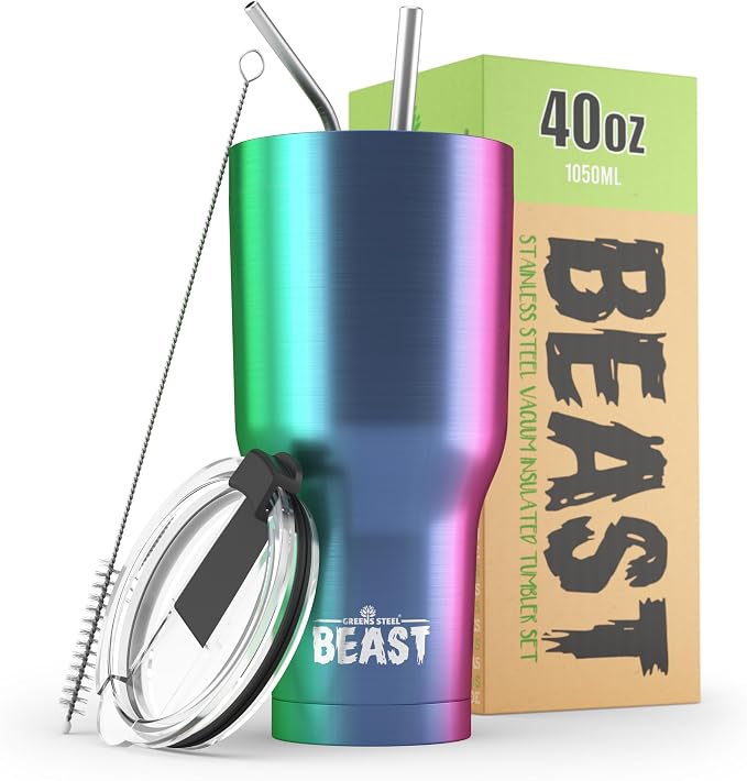Beast 40 oz tumbler - Vacuum Insulated Tumbler with Straw - Leak Proof Stainless Steel Travel Mug - Double Wall Iced Coffee Cup - Reusable Water Bottle - Gifts for Mom, Women and Men (Rainbow)