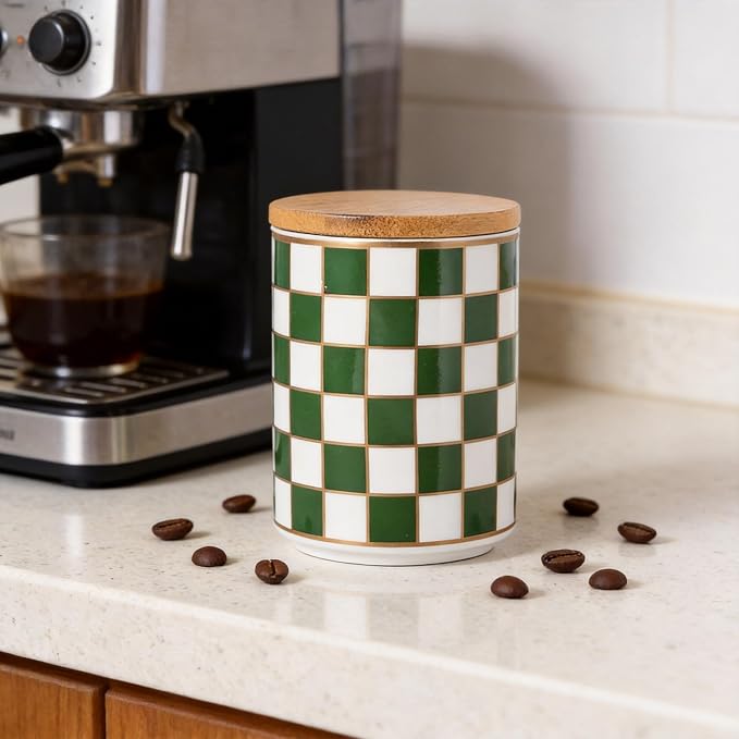 Kitchen Countertop Ceramic Checkered Canisters,Black And White Food Storage Containers With Lid,Airtight Kitchen Canisters for Flour, Sugar, Coffee, Tea, and Dry Goods (Green, Small)