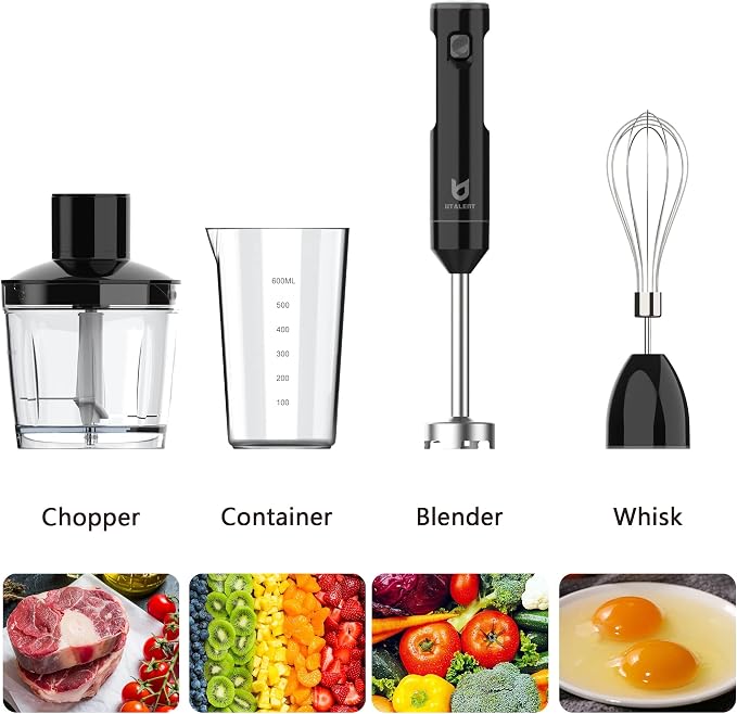 UTALENT Cordless Hand Blender with Chopper for Smoothies, Baby Food & Soups | Variable speed immersion blender, Brushless Motor, USB-C rechargeable, Long-lasting, 500ml chopper, 600ml vessel, Egg whisk