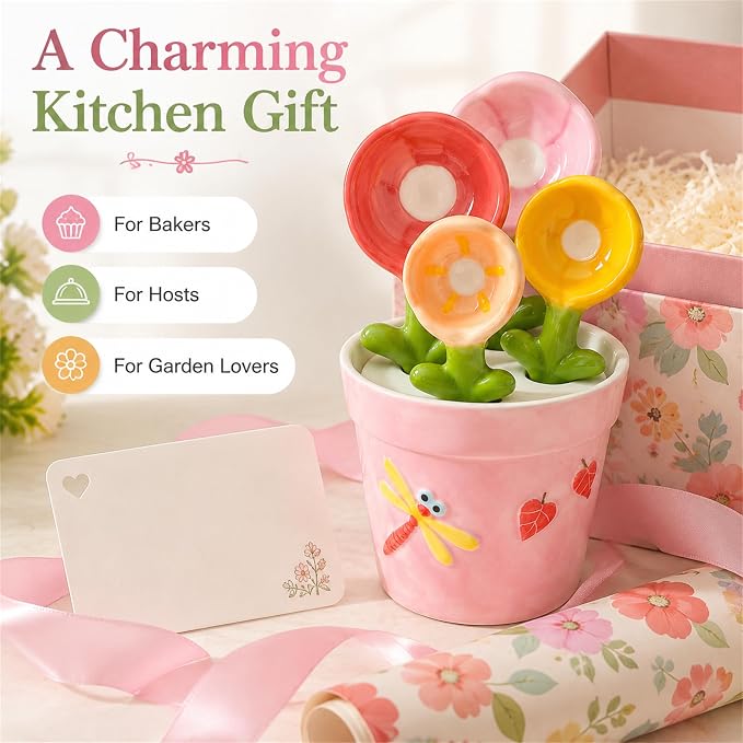 Cute Flower Ceramic Measuring Spoons Set with Base, Kitchen Decorate Gifts | Small Flower Pot Measuring Spoons and Cups with Holder, Home Baking Gifts Pink