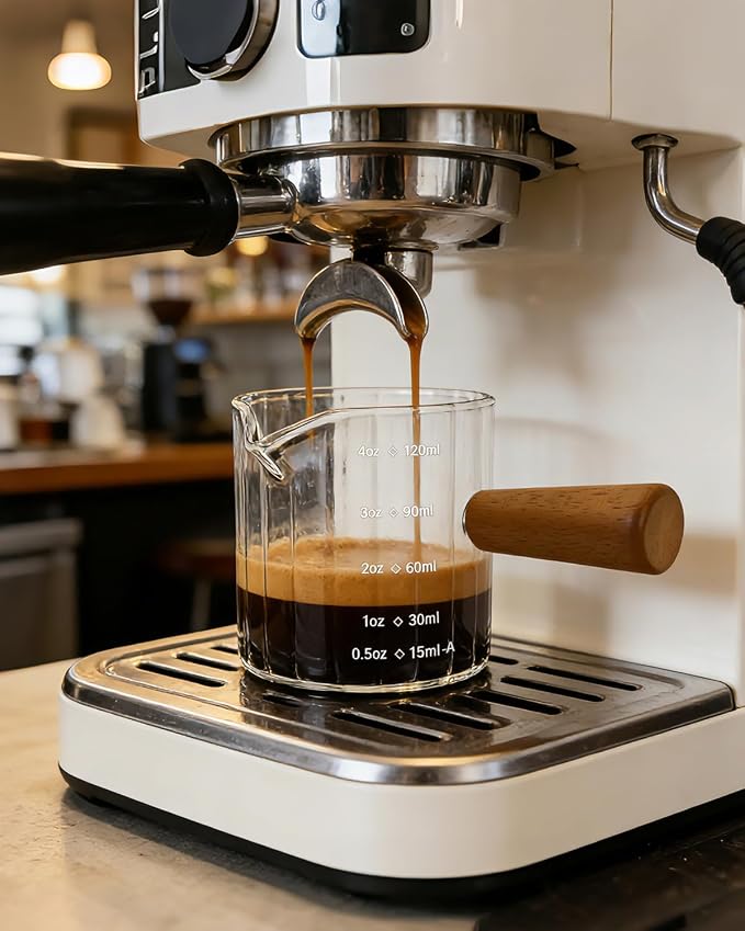 Espresso Measuring Cup 4 Oz, Espresso Glass Cups with Wood Handle, Milk Frothing Cup, Espresso Cup for Coffee, Milk, Tea or Maple Syrup Serving (Transparent, 4 oz)