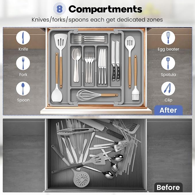Caperci Large Silverware Organizer for Kitchen Drawer & Utensils - Expandable Drawer Organizer for Cutlery, Flatware & Gadget, BPA-Free Thick Plastic, Wider Compartments & Non-skid Feet (Medium Gray)