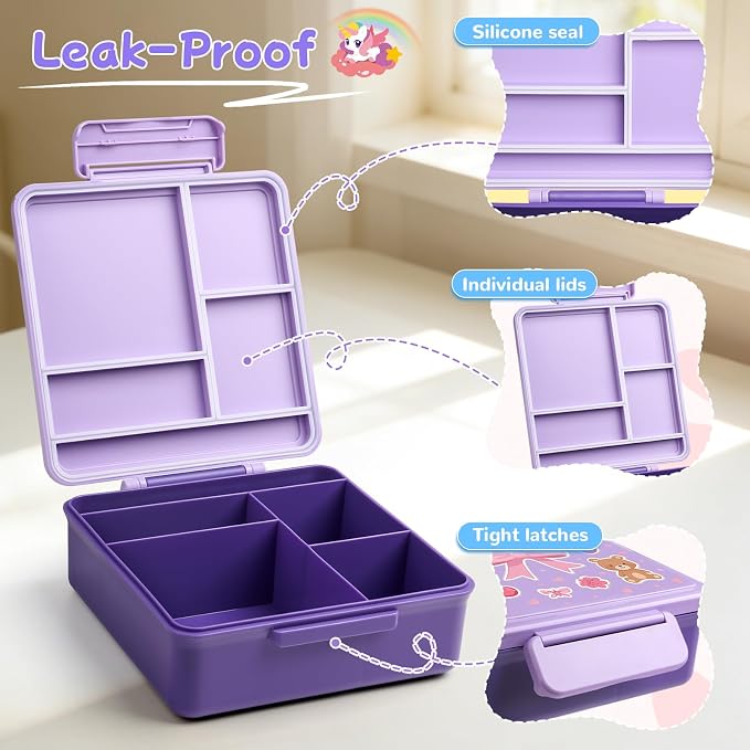 REDSHELL Kids Bento Lunch Box Set, Insulated Lunch Bag for Girls, Purple | Toddler 5-Compartment Lunchbox, Leakproof Food Jar, Snack Container, School Daycare, Bottle Holder, Adjustable Shoulder Strap
