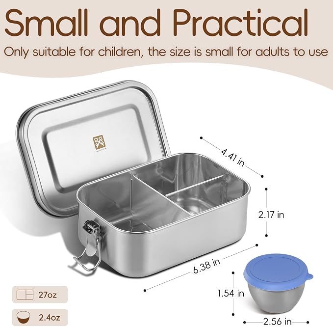 GOLDEN KEY 27oz Stainless Steel Bento Box for Kids,800ml Stainless Steel Lunch Box with Leakproof Condiment Container,3 Compartment Snack Containers for On the Go Meal,Freezer & Dishwasher Safe (Blue)