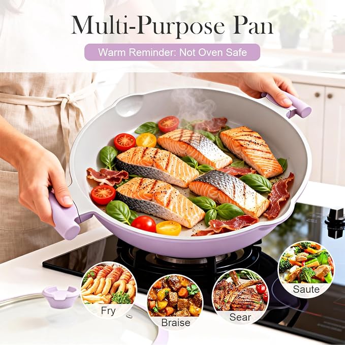AIKENBBKK Ceramic Frying Pan with Lid, 14 Inch Saute Pan, Non Stick Frying Pans, 2-In-1 Large Cooking Pan, Nonstick Skillet, Compatible with All Stoves, PTFE & PFOA Free, Purple