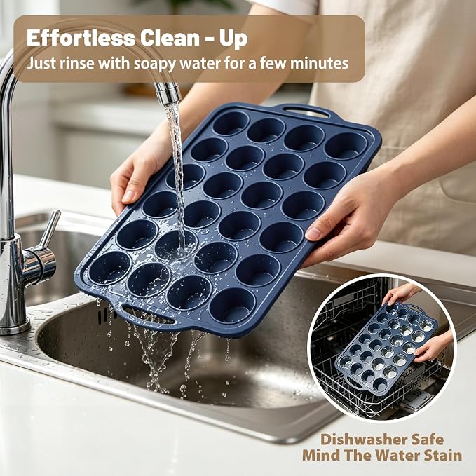 Mini Silicone Muffin Pan with Frame Non Stick Cupcake Tin Baking Mold | Silicone Cupcake Pan with Handles 24 Cup, BPA Free Silicon Muffin Tin Tray Small for Baking, Egg Bites, Cupcake Mold Grey