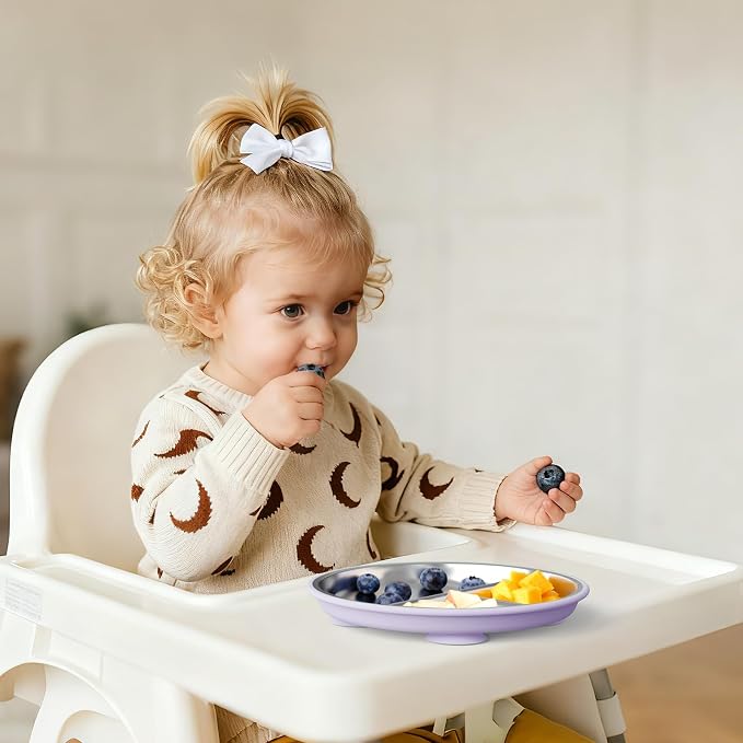 Bakpoco Stainless Steel Suction Plates for Baby Toddlers Feeding | 8" Divided Kids Plates with Removable Silicone Suction, Non Toxic Portion Control Snack Dishes 3 Packs, Pink Lilac Sage