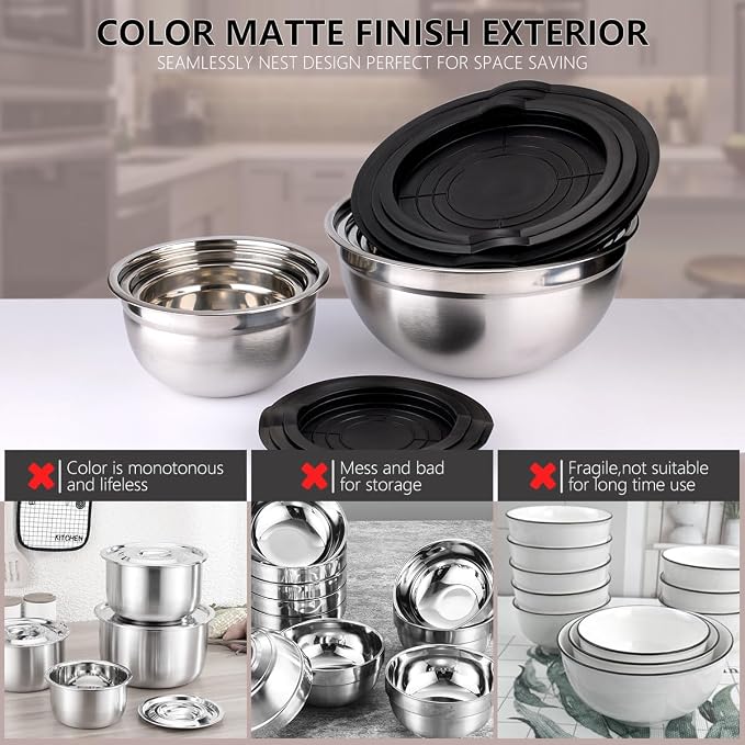 Leidawn Mixing Bowls with Lids Set, 25 PCS Black Mixing Bowl for Kitchen | Stainless Steel Nesting Bowls for Baking, Mixing, Serving & Prepping, Size 5, 3.7, 2.8, 2.3, 1.7, 1.1, 0.7QT, 11 Utensils