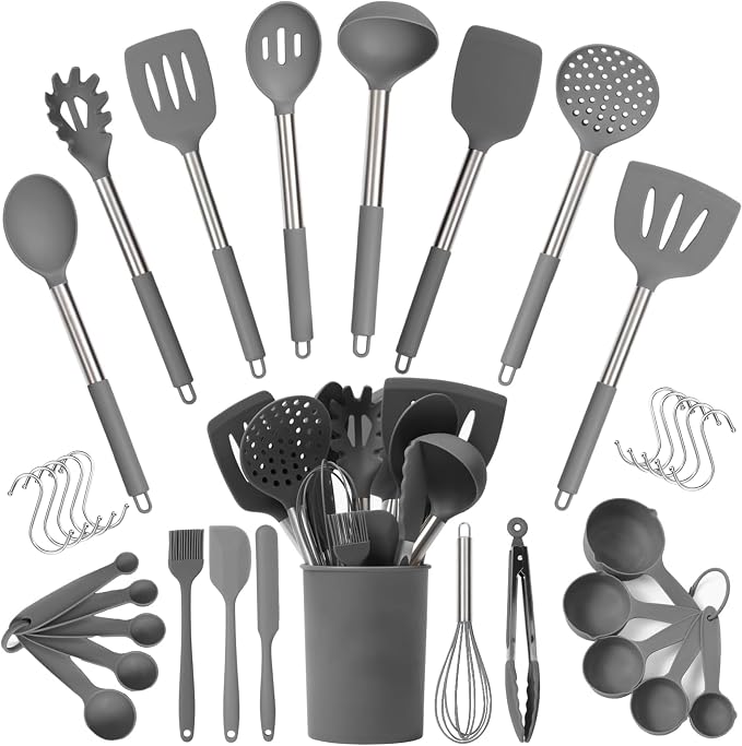 34 PCs Silicone Kitchen Utensils Set, Stainless Steel 450F Heat Resistant | Grey Cooking Utensils Set for Nonstick Cookware - Stainless Steel Handle, Silicone Spatulas Set & Other Kitchen accessories