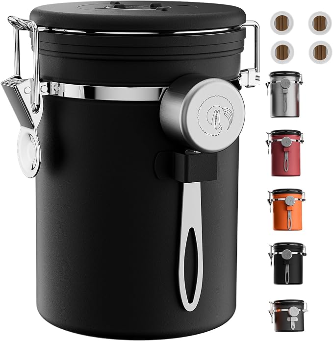 Coffee Gator Coffee Canister, 22oz Airtight Stainless Steel Container | w/ Date Tracker, Scoop, Valve, Kitchen Food Storage Jars for Beans, Ground, Rice, Tea, Sugar, Cookie, Bar Accessories, Black