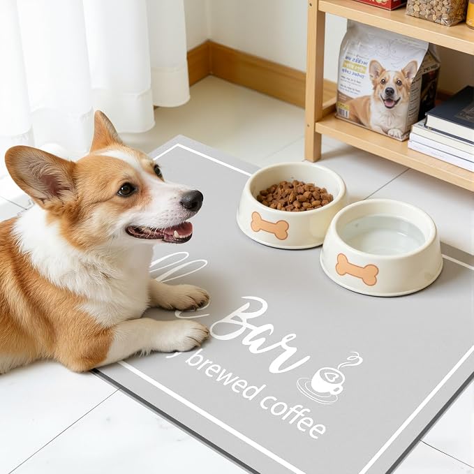 Findosom Dish Drying Mat, 17"x 32" Super Absorbent & Hide Stain Coffee Mat, Cuttable Drying Mat for Kitchen Counter, Coffee Bar Accessories, Under Dish Rack, Coffee Maker, Espresso Machine, LightGrey