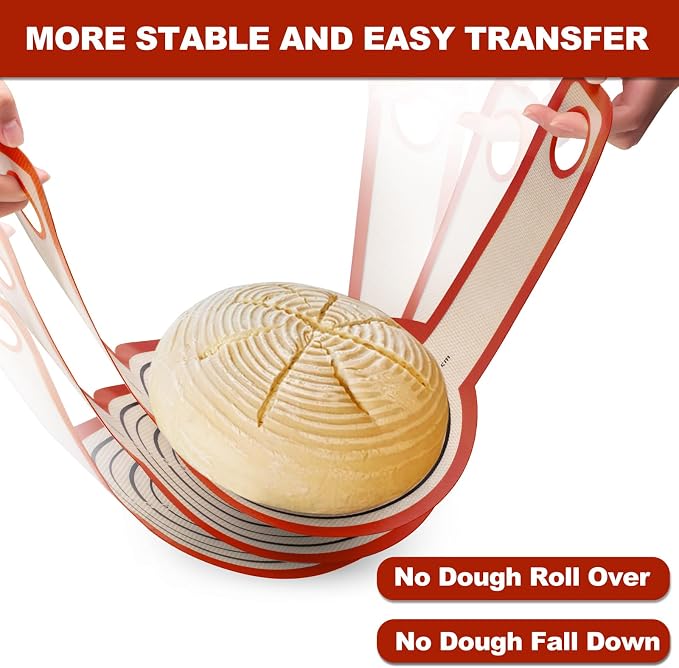 Silicone Bread Sling Dutch Oven - Best Japan Silicone. Non-Stick & Easy Clean Reusable Bread Baking Mat. With Extra Long Handles Bread Baking Sheet Liner, 2 Brown Set for Transferable Dough