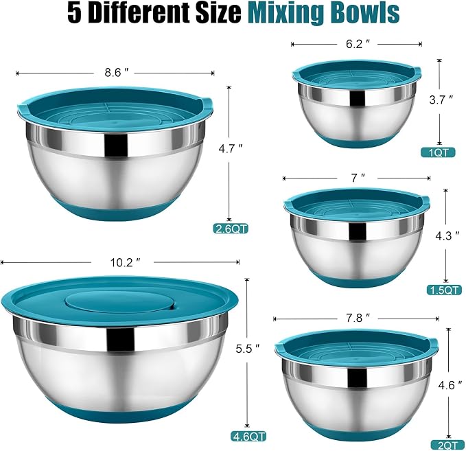 P&P CHEF Mixing Bowls with Lid Set, Nesting Bowl for Storing, Blue | 5 Piece Stainless Steel Salad Mixing Bowls for Prepping, 3 Grater Attachments & Non-Slip Bottoms, Size 1/1.5/2 / 2.6/4.6 QT