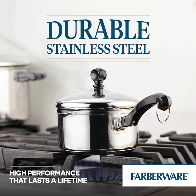 Farberware Classic Series Stainless Steel Straining Sauce Pan with Lid, 1-Quart Small Pot, Silver