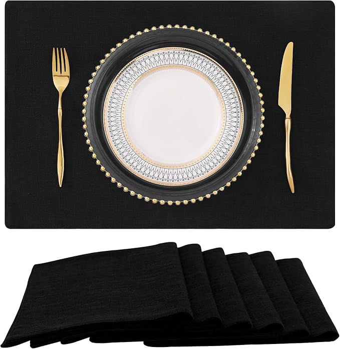 Faux Cotton Linen Placemats Set of 6, Cloth Washable Farmhouse Dining Table Mats for Indoors & Outdoors, Easy to Clean, Black, 13 x 19 Inch