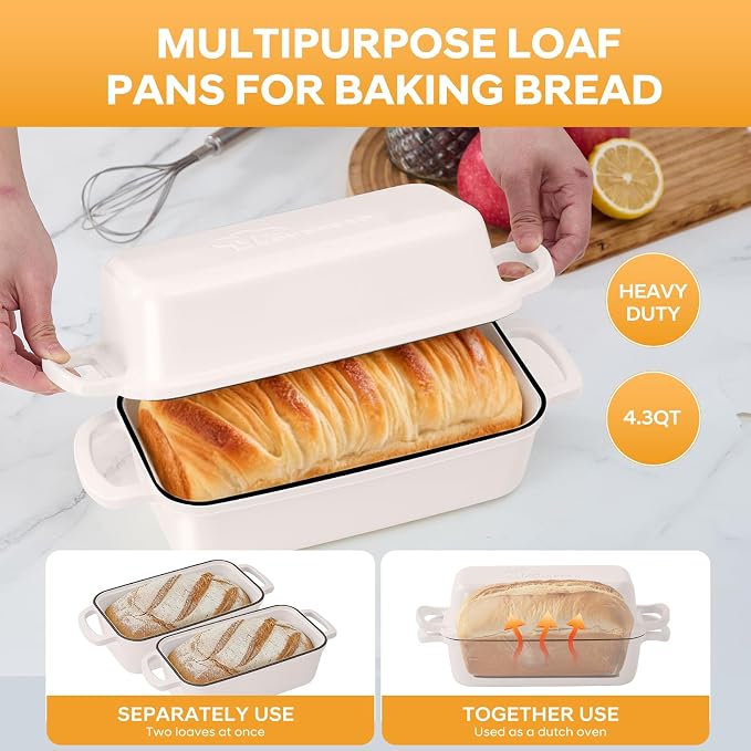 Cast Iron Loaf Pan with Lid 10x5 Inch Enameled Bread Loaf Pan for Sourdough, 2 Piece Set, Cream