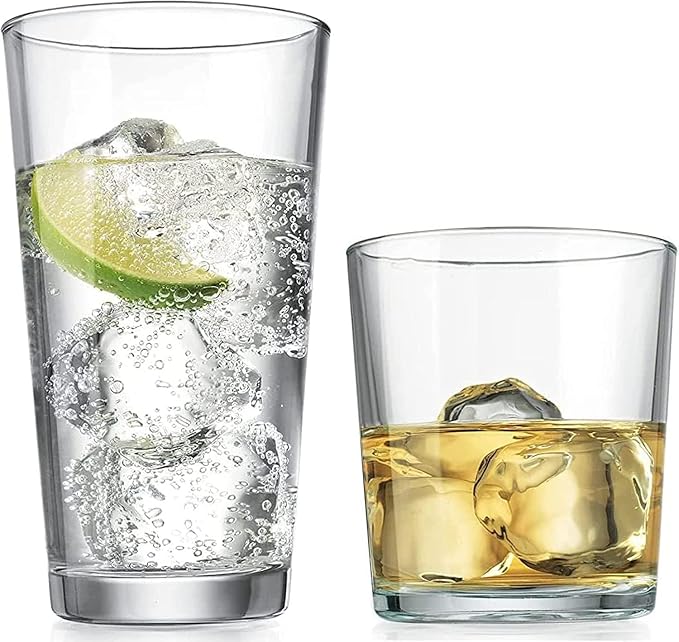 Glaver's Drinking Glasses Set of 12. Glassware set, 6 Highball Glass Cups, 6 Whiskey glasses. Classic Drinkware Set 17 oz Tall Glasses Set and 13 oz Rock Glasses.
