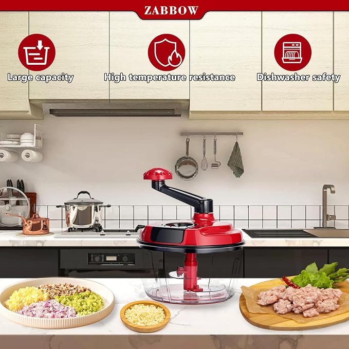 Manual Food Processor,8 Cup Hand Powered Crank Chopper,Mincer Blender with Clear Container,for Vegetables Meat Fruits Onions