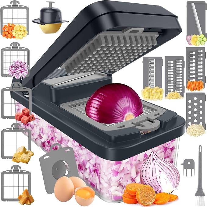 15-in-1 Vegetable Chopper with 10 Blades, Food Veggie Cutter, Gray | Includes Egg Separator, Food Container and Finger Guard, Non-slip Base, for Chopping, Slicing, Shredding, and Mincing