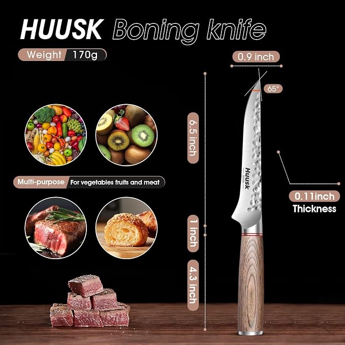 Huusk Boning Knife for Meat Cutting with Ergonomic Pakkawood Handle | 6.5" Hand Forged Japanese Fillet Knife for Meat Fish Poultry, Deboning Butcher Knives for Processing, Gift for Cooking lovers