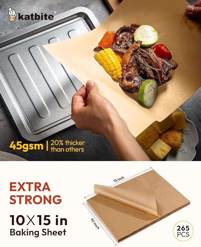 Katbite 265 Pcs Parchment Paper Baking Sheets, 10x15 Inch, Heavy Duty | Unbleached precut oil proof paper, ideal for steaming, cooking, baking bread and cakes, and wrapping food