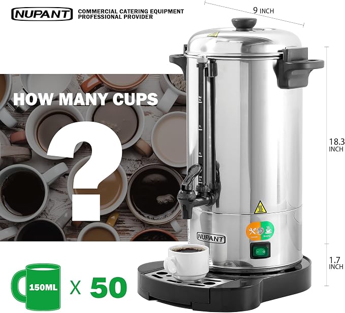 NUPANT Commercial Coffee Urn 50 Cup/8L Coffee Dispenser with Upgraded Percolator, 304 Stainless Steel Hot Water Urn Beverage Dispenser with Keep Warm Mode, Large Coffee Maker for Catering Party