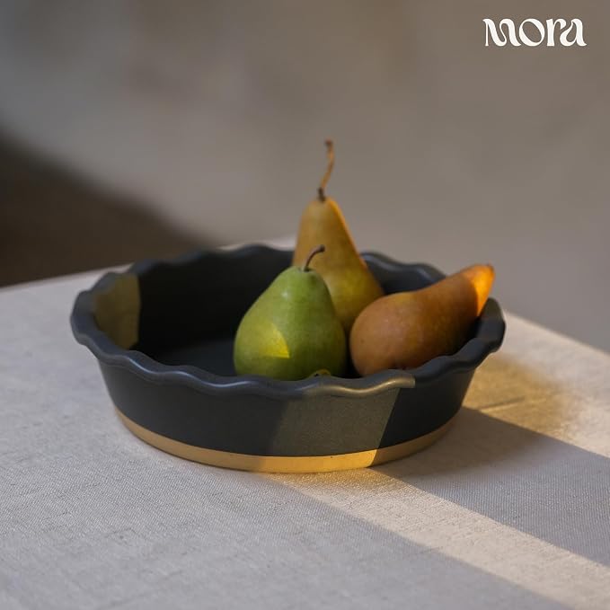 MORA Ceramic Pie Pan for Baking - 9 inch - Deep and Fluted Pie Dish for Old Fashion Apple Pie, Quiche, Pot Pies, Tart, etc - Modern Farmhouse Style Porcelain Ceramic Pie Plate - Liquorice