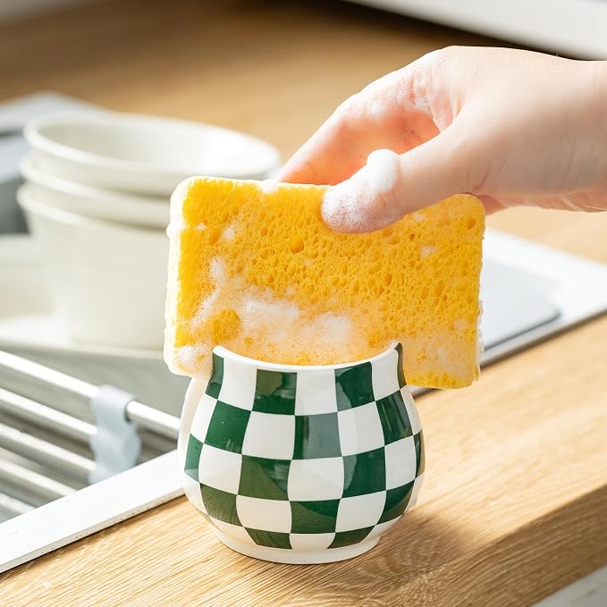 Zoeeker Kitchen Sponge Holder for Sink, Ceramic Checkered Sponge Organizer | Scrubby Caddy Dish Brush Holder Kitchen Storage Accessories for Countertop, Bathroom, Sink, Kitchen Decor, Green and White