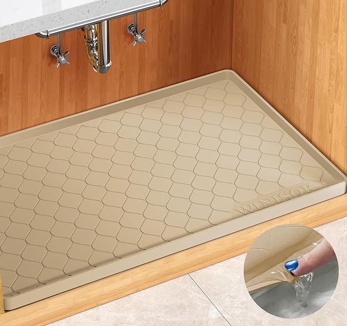 Winisok Waterproof Under Sink Mat 25" x 22", Silicone Mat, Beige | Raised Edge Traps Spills & Leaks, Shelf Liner, Cabinet Protector, for Kitchen, Bathroom, Boots, Pets, Home Essentials