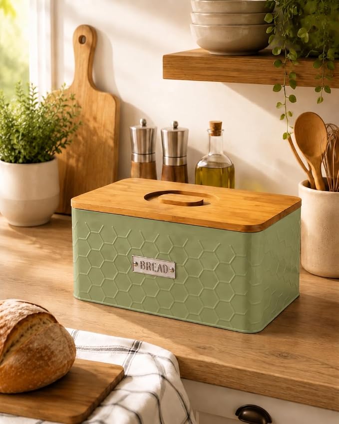 Bread Box for Countertop, Small Green Metal Bin with Bamboo Lid | Small farmhouse bread storage container and bread bin with cutting board lid for homemade bread and baked goods organization.