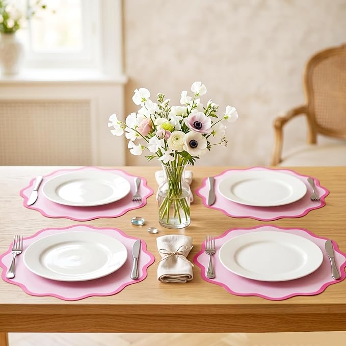 50 Pcs Pink Scalloped Paper Placemats, Disposable Wavy Edge Table Mats | 13.7 Inch Round, Italian Summer Place Mats for Wedding Baby Shower Birthday Tea Party Bridal Shower Table Decor
