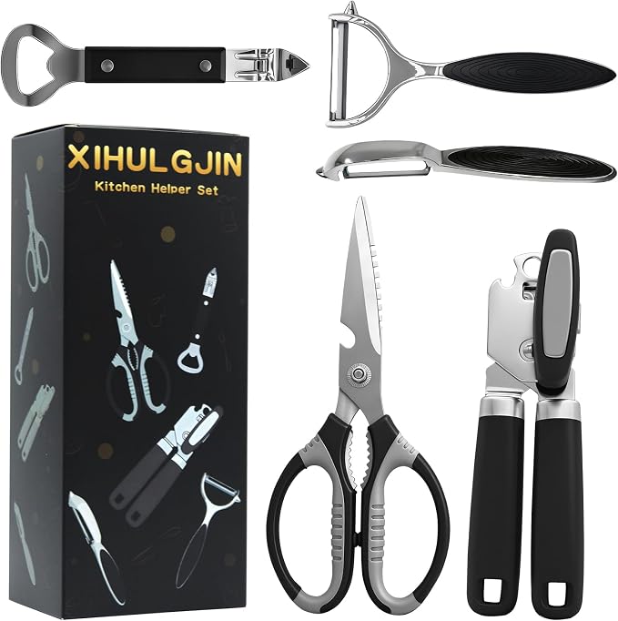 5-Piece Stainless Steel Can Opener Set, Manual Can Openers | Smooth Edge, Easy-To-Use, Ergonomic Grip, Heavy Duty, Bottle Opener, Peelers, Kitchen Scissors, Dishwasher Safe, For Seniors