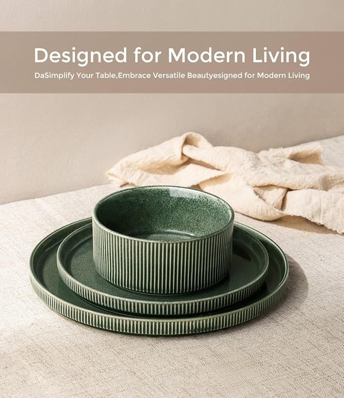 GBHOME Stoneware Dinnerware Sets for 4,16-Piece Plates and Bowls Set | Handmade Reactive Glaze Ceramic Dish Set, Scratch Resistant, Dishwasher&Microwave Safe,Dark Green
