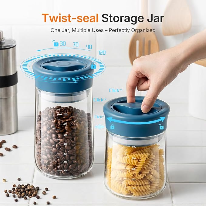 Airtight Glass Jar with Rotary Lid for Kitchen, Counter, Pantry, 27 fl oz | Wide Mouth, Easy Open/Clean, Clear Borosilicate Food Jar with Scale, Lock Freshness for Coffee, Oats, Pasta, Cookies, Cereal