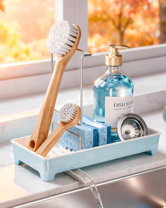 Minimalist Sink Caddy, Rustproof Sponge Holder for Kitchen Sink Blue | Large Rustproof countertop organizer with 304 stainless steel brush holder, raised ridges and silicone drain tube