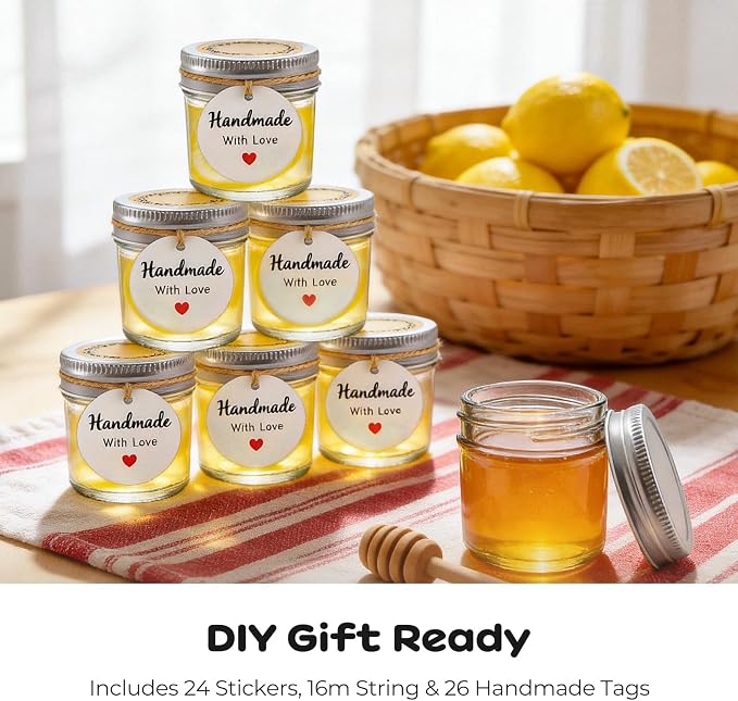 24 Pack 2 oz Mini Mason Jars Bulk Set, Small Glass Jars with Lids | One-piece airtight lids with inner seals; for ginger shots, honey, sauces, spices and wedding favors; labels, twine & tags.