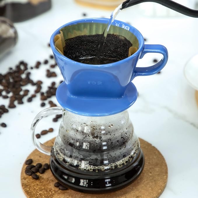 Pour Over Ceramic, Coffee Dripper Ceramic Coffee Maker,Blue | 3 Holes Flat Bottom, Porcelain Slow Filter Cone for Travel, Camping, Office, Home, Coffee Maker Brew
