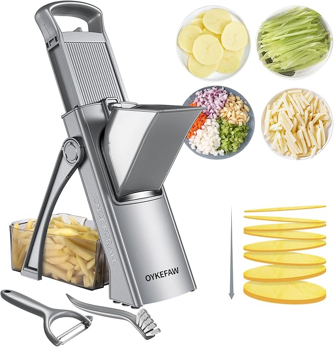 Safe Mandoline Slicer for Kitchen, 6 in 1 Vegetable Chopper, Potato Slicer | Safe Mandoline Slicer, French Fry Cutter For Potatoe, Potato Slicer, Food Chopper, Adjustable Thickness 0.1-8 mm with Peeler