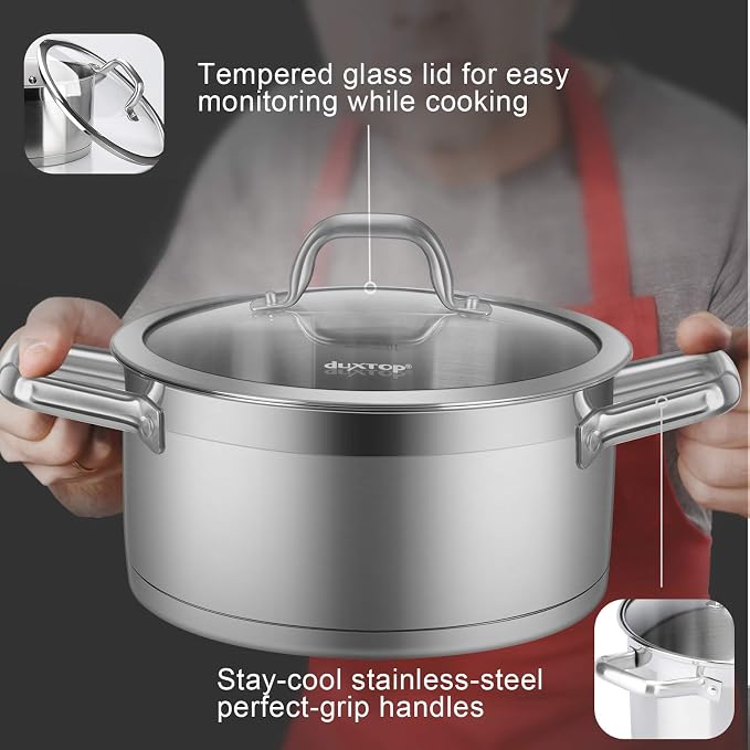 Duxtop Stainless Steel Stock Pot with Lid, 4.2 Qt Induction Cooking Pot | Stockpot with Stay-Cool Handle, Impact-Bonded Base for Even Heating