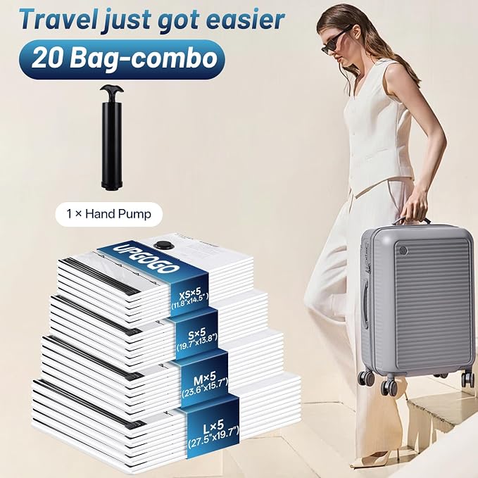 UPGOGO Travel Vacuum Bags for Luggage with Hand Pump,Vacuum Seal Bags for Clothing,Packing Cubes Compression,Cruise Ship and Travel Essentials(Combo 20 Pack)