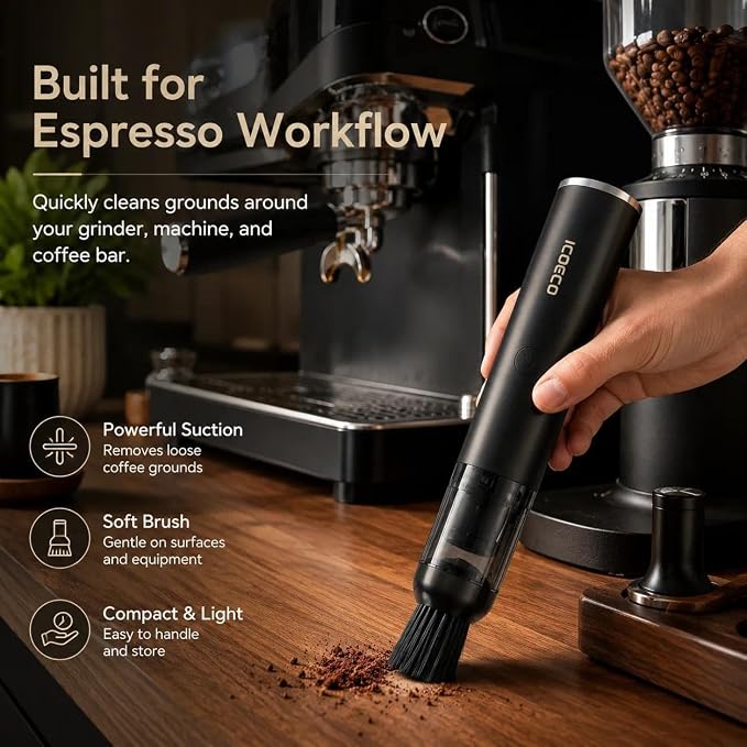 Mini Coffee Grinder Vacuum Cleaner for Espresso Machines & Barista Stations | Coffee vacuum, grounds cleanup, 4 heads, soft bristle brush, angled nozzle, blower tip, removable tray, USB-C rechargeable