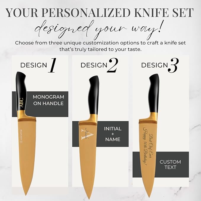 Personalized Black and Gold Knife Set with Block and Sharpener, 14-Piece | Custom Engraved Titanium-Coated Gold Knives - Full Tang, Stainless Steel, Ergonomic, Gift-Ready