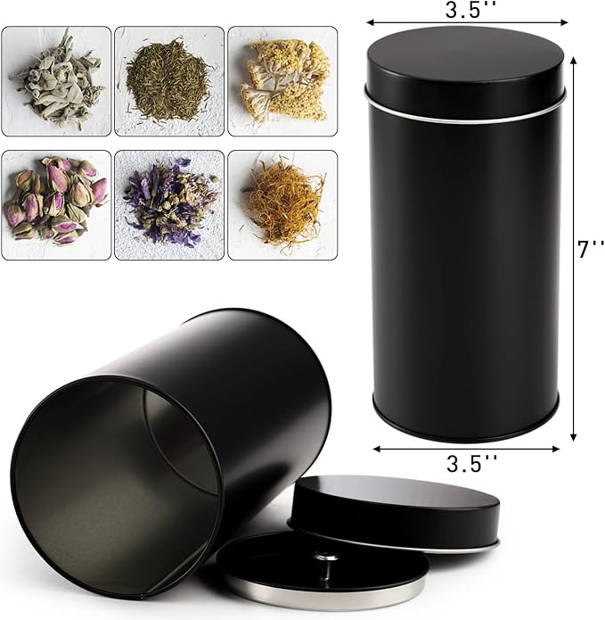 Yesland 6 Pack Tea Tin Canister with Airtight Double Lids - 32 Fl Oz Large Round Kitchen Storage Containers for Loose Leaf Tea, Coffee Beans, Candy, Herbs and Spices - Black Metal Organizer Set