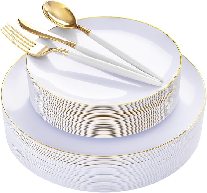DaYammi 150Pcs Gold Plastic Plates with Disposable Silverware,White Gold Disposable Dinnerware Set - 30 Dinner Plate,30 Dessert Plate,90 Gold Cutlery with White Handles,Fancy Plates for Party Wedding