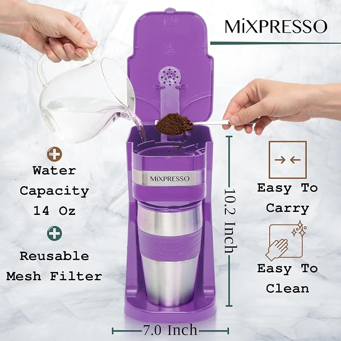 Mixpresso Single Serve & Single Cup Coffee Maker with 14oz Travel Mug | For ground coffee only, reusable filter, auto shut off. Compact personal drip coffee maker, not compatible with K-Cup pods.