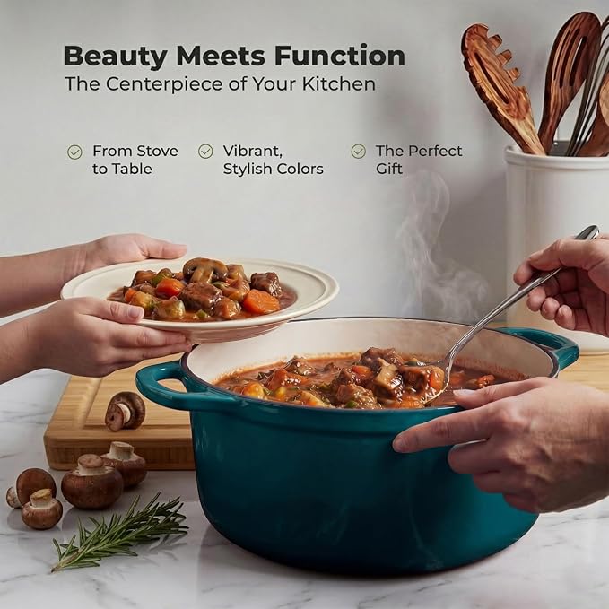 Zulay Kitchen 7.7 Quart Enameled Cast Iron Dutch Oven Pot with Lid – Premium Durability & Oven Safe up to 500°F – Heavy Duty Cookware Perfect for Bread Baking, Stews, Braising & Roasting – Emerald