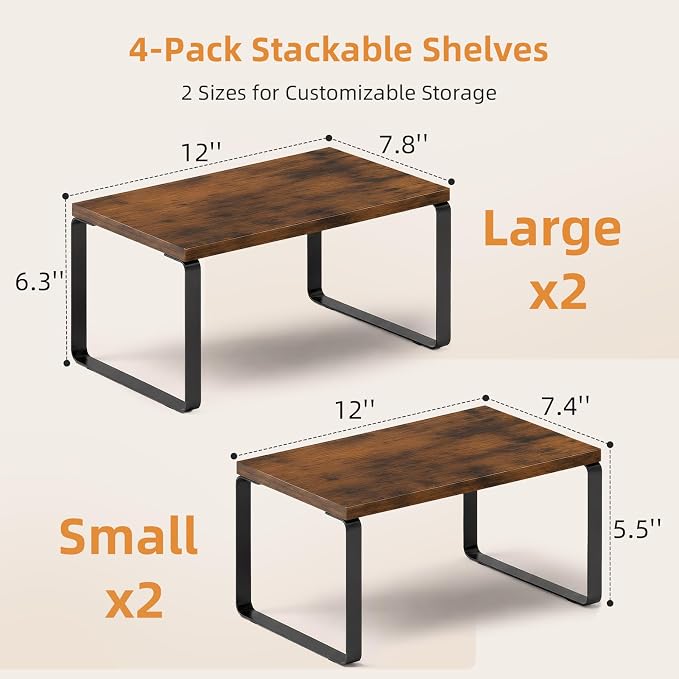 LAMU Cabinet Organizer Shelf, Set of 4 Expandable Kitchen Counter Shelve Plate Organizer for Cabiner, Stackable Spice Rack, CupBoard Organizers and Storage, Brown
